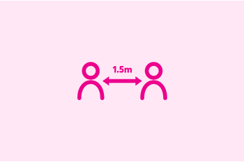 A graphic of two people with an arrow conveying a requirement for "1.5 metres" between them.  